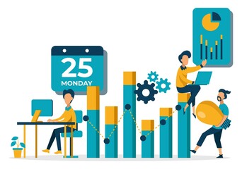 vector illustration. tiny people characters make an online schedule. design business graphics tasks scheduling on a week vector. Vector illustration