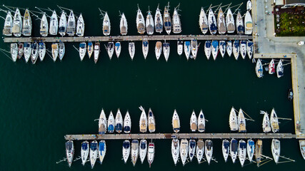 aerial boats and luxury yatchs. aerial yatch marina. bird's eye view boats. 