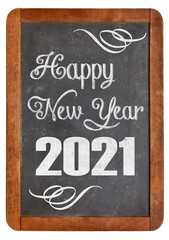 happy new year 2021 greetings on a vintage slate blackboard isolated on white