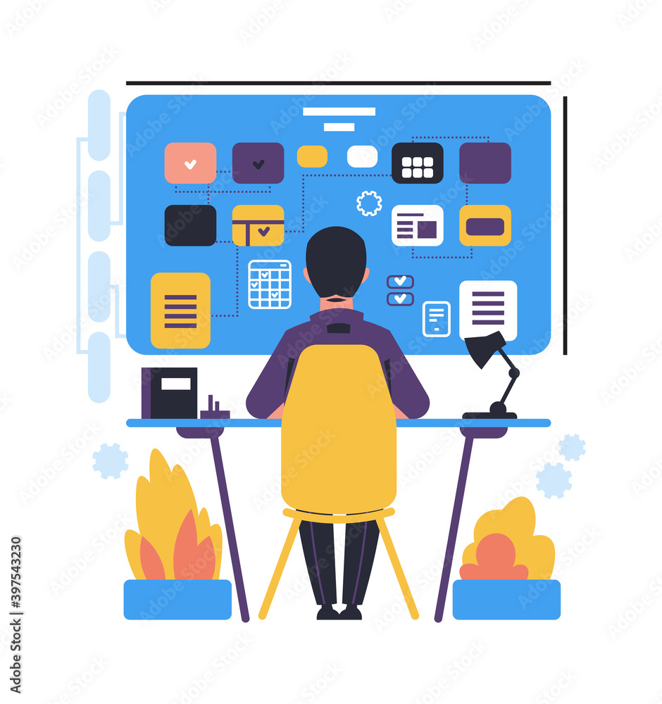 Poster productivity improvement time management. cartoon man sitting at table. motivation or multitasking w