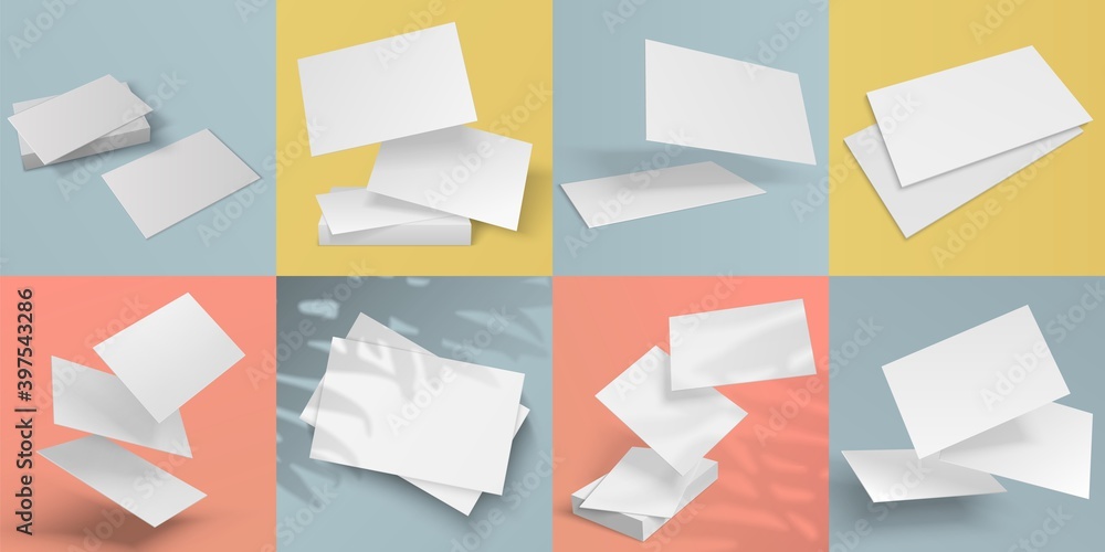 Poster Realistic business cards. Blank mockup of cardboards and flyers with shadow overlay effects from plants. Stacks of paper and flying sheets on colorful background. Vector empty template with copy space