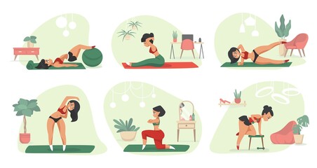 Home exercises. Cartoon young woman doing fitness and sport activities, indoor workout. Isolated cute female training on gymnastic mat. Room interiors. Aerobics and yoga poses, vector flat set