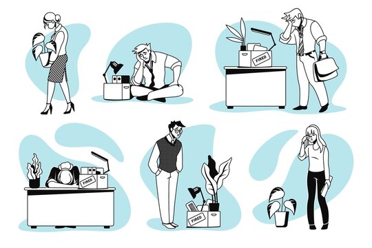 Employee dismissed. Fired or jobless men and women. Cartoon people collect things and leave workplace. Isolated depressed and sad unemployed office workers with personal stuff. Vector monochrome set