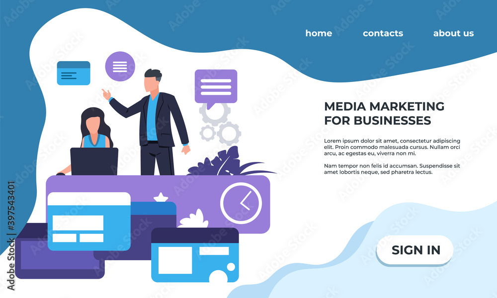 Poster SEO landing page. Online service promotion strategy, analytics and optimization. Media marketing for business. Modern website interface colorful design with buttons and text. Vector web template