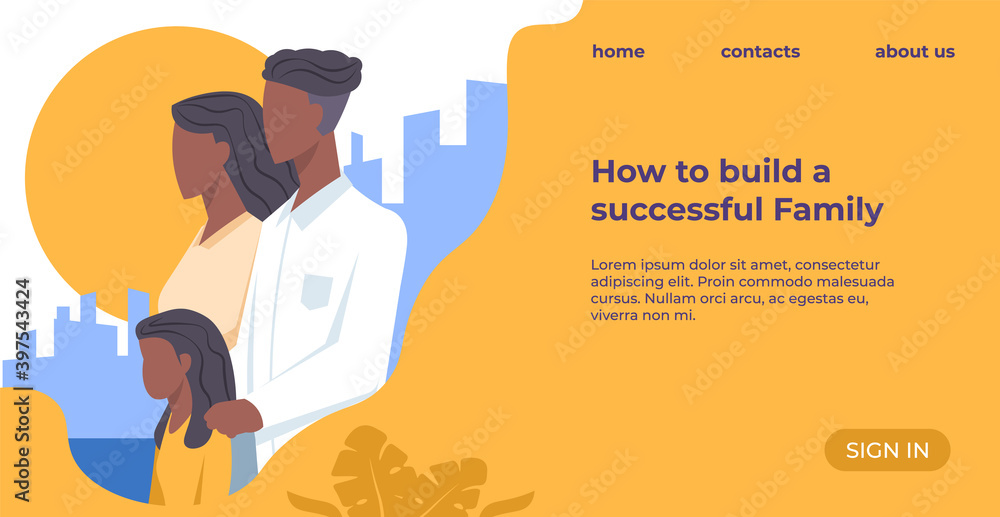 Poster successful family landing page. website mockup. information online resource about parents relationsh