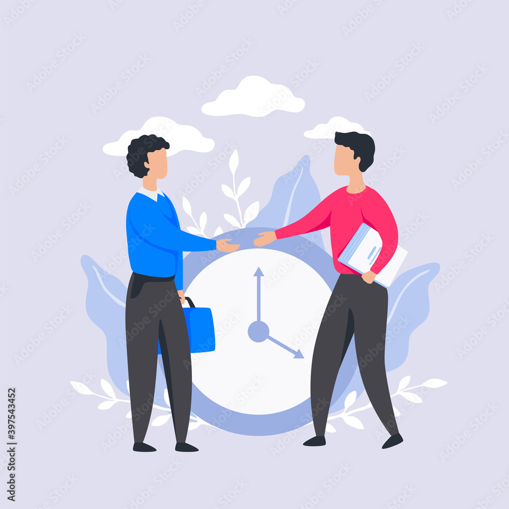 Poster time management. cartoon people shake hands, business meeting. schedule control and timetable organi