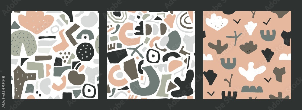 Poster Seamless abstract pattern. Abstract modern background, cute doodle art collage with curve geometry elements in pastel colors. Vector creative design textile wrapping paper wallpaper vector texture set