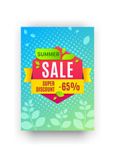 Summer super discount banner. Special offers promotion flyer. Colorful price reduction poster. Geometric shapes and plant silhouettes. Isolated seasonal fashion collections sale, vector label template