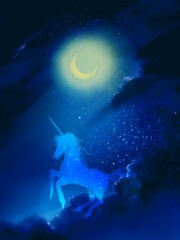 Fototapeta na wymiar An illustration of unicorn running on the clouds under the crescent moon in night sky