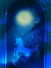 An illustration of unicorn running on the clouds behind Blue semi-transparent gate	