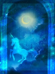  An illustration of unicorn running on the blue clouds behind Old red rocks gate, over the blue cloud you can see silhouette of European castle and yellow crescent moon in the night sky