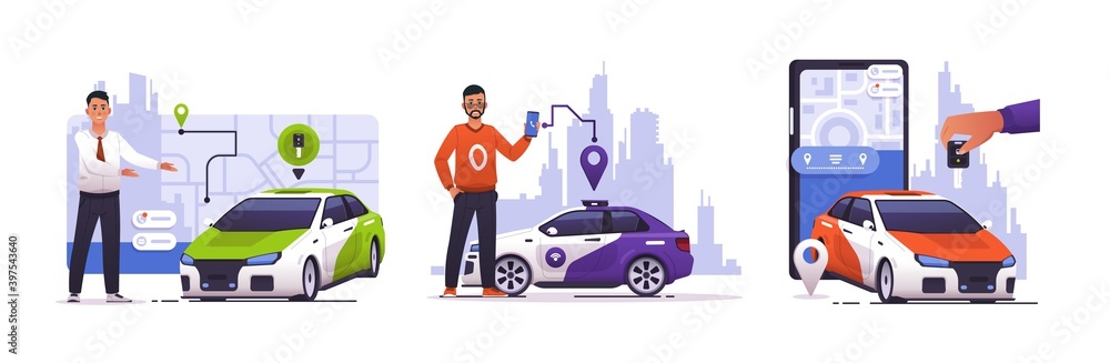 Aufkleber car sharing. cartoon men with automobiles. mobile application and navigation technology for auto ren