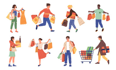 People shopping. Cartoon buyers with bags and carts. Isolated men or women carry purchases from clothing store and supermarket. Cute male and female buy shoes or garments, holiday presents, vector set