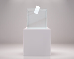 Realistic vote box. Election paper ballot, 3D glass transparent container on white podium. Plastic poll cube with hole and place for logo. Confidential choose political candidates. Vector illustration