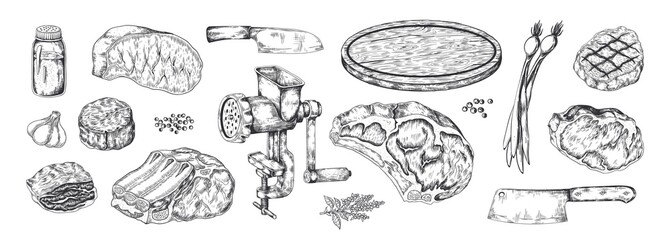 Butchery products sketch. Realistic hand drawn meat steak. Household cooking tools. Cutting board or knifes and grinder. Isolated aromatic herbs and spices. Vector flat pencil detailed illustration