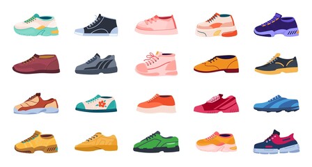 Cartoon footwear. Modern shoes for men and women. Collection of sport or casual trendy footgear. Classical and colorful sneakers design, isolated shop advertising placard. Warm cozy boots, vector set