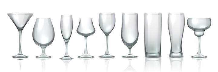 Glass cups. Realistic empty stemware. Transparent glassware for water, beer and whiskey, liquor or cocktail. Wineglass for champagne, red or white wine. Various shapes tableware, vector isolated set