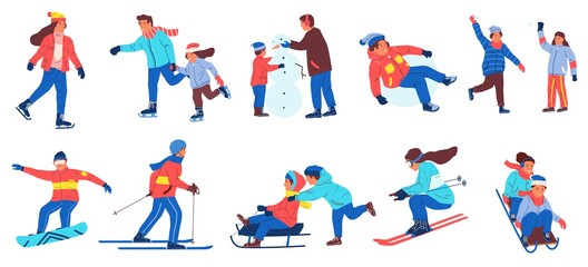 Fototapeta na wymiar Winter activities. Cartoon people playing snowballs, making snowman. Isolated men and women skating on ice rink, skiing and sledding or snowboarding. Cold season outdoor rest and leisure, vector set