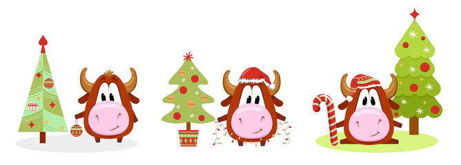 Cute bull symbol of the year 2021 set. Cow. Christmas set. Ox horoscope sign. Chinese year of Ox 2021. Merry Christmas vector cheerful illustrations