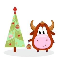 Cute bull decorates Christmas tree. Chinese new year 2021 illustration with ox holding christmas tree toy decorating for christmas tree. Vector illustration.Isolated on white.
