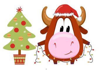 Cute bull decorates Christmas tree. Chinese new year 2021 illustration with ox holding garland decorating for christmas tree. Vector illustration.Isolated on white.