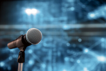 Public speaking backgrounds, Close-up the microphone on stand for speaker speech at seminar room...