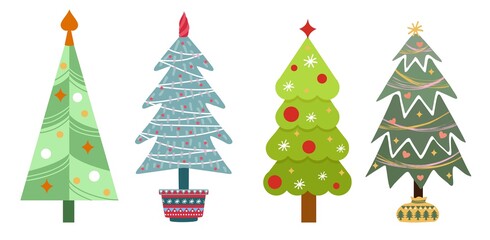 Collection of Christmas trees, modern flat design. Can be used for printed materials - leaflets, posters, business cards or for web. Winter colorful cartoon Christmas tree