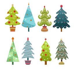 Collection of Christmas trees, modern flat design. New Years and xmas traditional symbol tree with garlands, light bulb, star. For printed materials - leaflets, posters, business cards or for web.