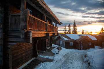 
Norwegian sunrise, with beautiful log buildings