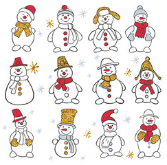Snowman Set. Winter Christmas snowman isolated vector illustration. Snowmen character.
