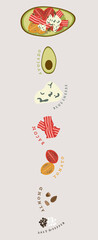Breakfast menu vector design. Breakfast time concept. Healthy breakfast with fried egg, bacon, tomato, salmon, mozzarella and avocado. Illustration for print, menu design elements. Keto power.