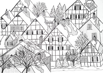 The winter town. Christmas theme. Illustration on a white background.