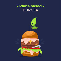 Vector illustration with Delicious burger with plant based meat cutlet. Cooked with care for animals and the environment. Food for Vegetarians.