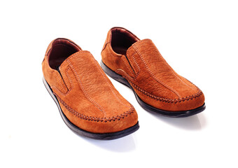 Brown leather men's fashion shoes on white background