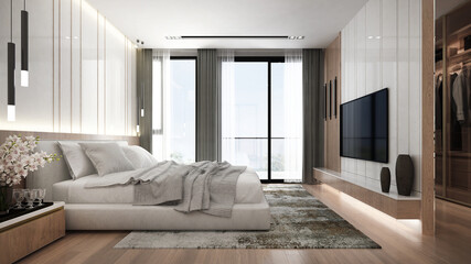 Modern house and mock up and interior design of bedroom and wall texture background