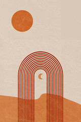 Abstract Morrocan background with geometric, shapes, rainbow, moon and sun. Boho wall decor decorations. Mid century modern minimalist art print. Organic natural shape. Line art