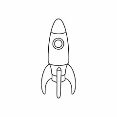A space rocket drawn with a hand-drawn contour line in Doodle style. Rocket coloring book for kids.