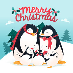Super Cute Cartoon Holiday Penguin Family Winter Scene