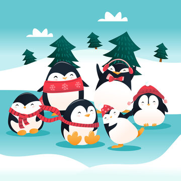 Super Cute Cartoon Holiday Penguin Group Winter Scene