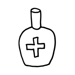 Doodle illustration of sanitizer bottles. Coronavirus prevention - hand washing, disinfection, use of rubber gloves and masks