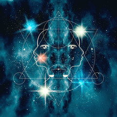 Mystical geometry symbol. Linear alchemy, occult, philosophical sign. Astrology and religion concept. Universe filled with stars.