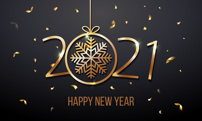 Obraz na płótnie Canvas Greeting card web banner or poster with happy new year 2021 with snowflake gold glitter confetti and shine. Luxury golden and black color invitation. Vector illustration for web. EPS 10. Vector 