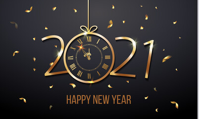 Happy New Year 2021 and Christmas card with golden text and clock. Vector. Vector illustration