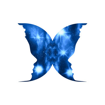 Fototapeta A butterfly or two face profile view. Optical illusion. Human head make silhouette of insect. Universe filled with stars.