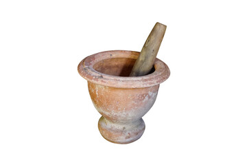 Old terracotta mortar isolated on white background with clipping path. Retro Antique style.