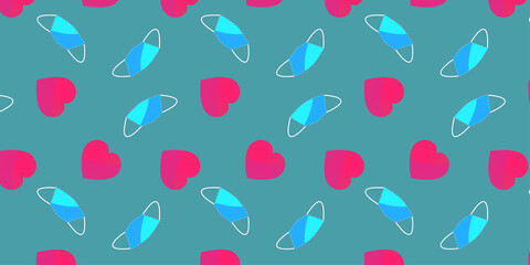 Vector rectangular pattern of pink hearts and blue medical masks in flat style on a blue background