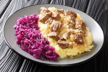 Savory Beef and Onion Stew Hachee Recipe closeup in the plate on the table. horizontal
