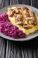 Hachee is a traditional beef and onion stew found in virtually every Dutch home.  closeup in the plate on the table. vertical