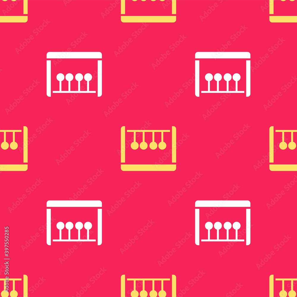 Poster yellow pendulum icon isolated seamless pattern on red background. newtons cradle. vector.
