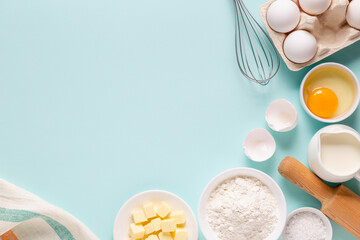Baking or cooking background. Ingredients, kitchen items for baking.